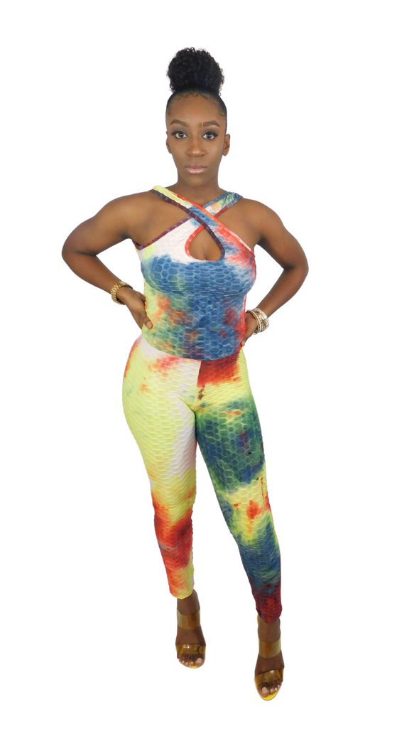 Back At It Embossed Tie Dye Jumpsuit-Yellow/Red