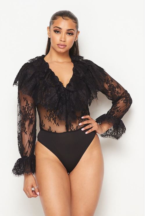 Britania Ruffled Lace Bodysuit-Black