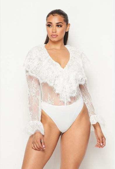 Britania Ruffled Lace Bodysuit-White