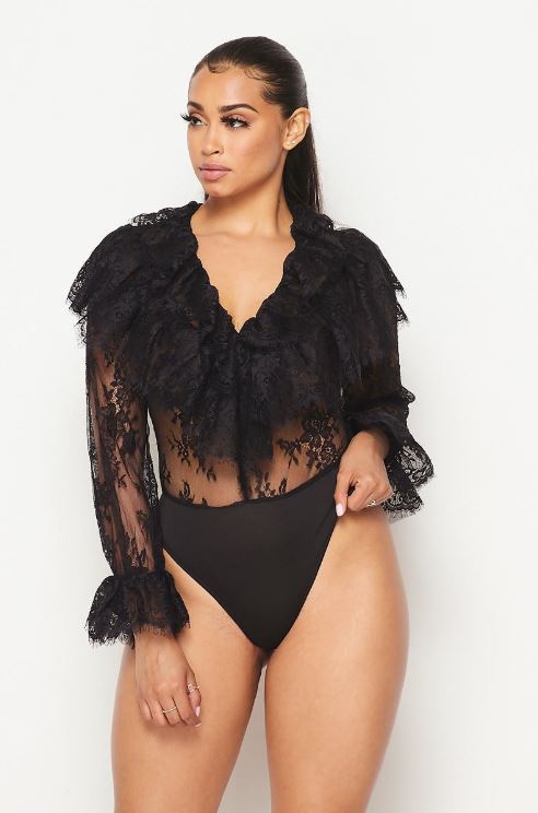 Britania Ruffled Lace Bodysuit-Black