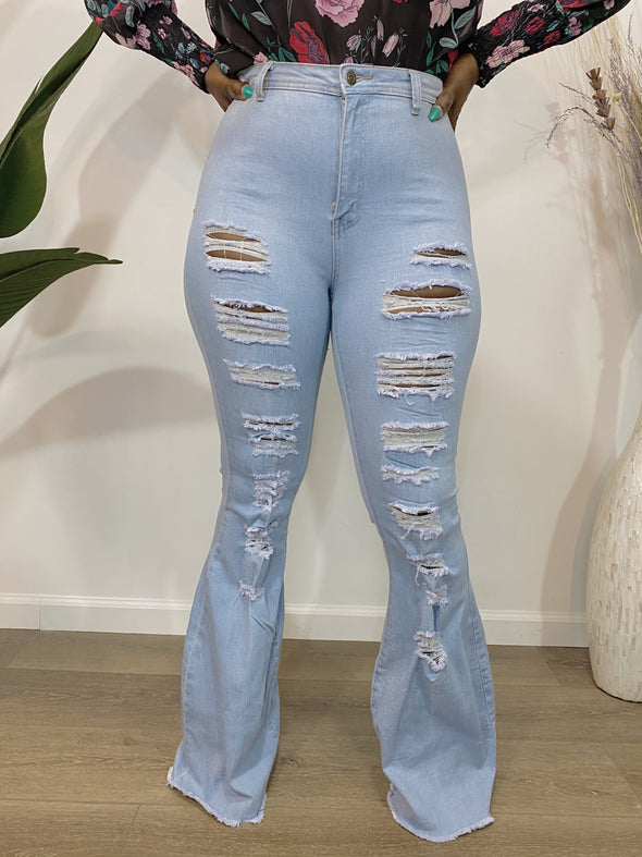 Not Your Trick Distressed Bell Jeans Light Blue