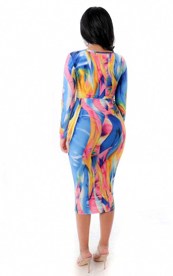 Annalise Pink Multi Long Sleeve Bodycon Dress