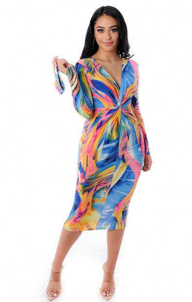 Annalise Pink Multi Long Sleeve Bodycon Dress