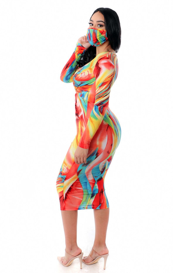 Annalise Pink Multi Long Sleeve Bodycon Dress