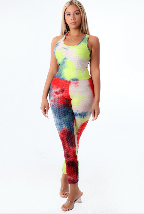 Back At It Embossed Tie Dye Jumpsuit-Yellow/Red