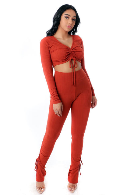 Honey Comb Crop Top 2 Piece Pant Set