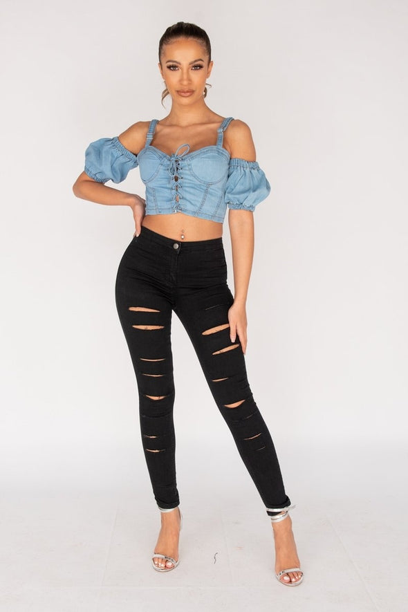 Cutting Up Black Multi-Slashed High Waist Jeans