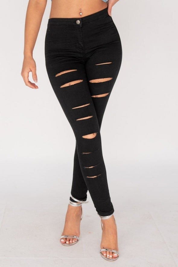 Cutting Up Black Multi-Slashed High Waist Jeans