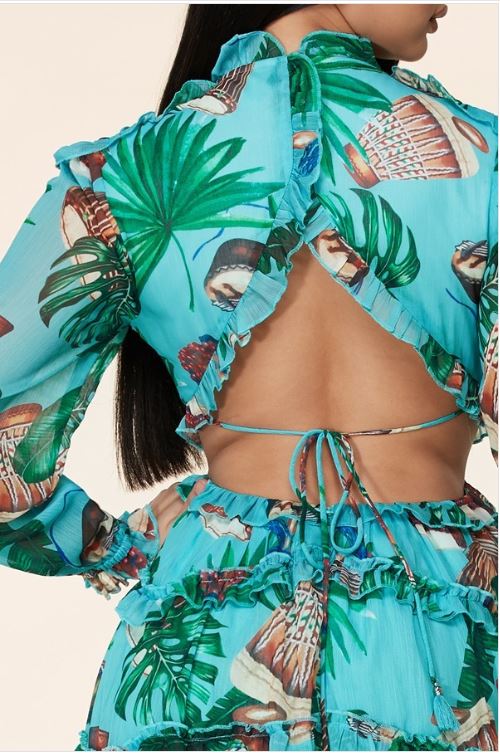 Llianna Tropical Print Chiffon Mini Dress - Turquoise